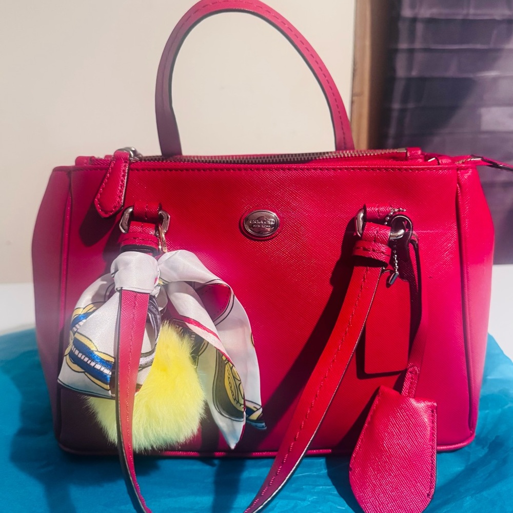 Coach Red Leather Satchel with Scarf and Pom-Pom Charm and CROSS BODY strap!